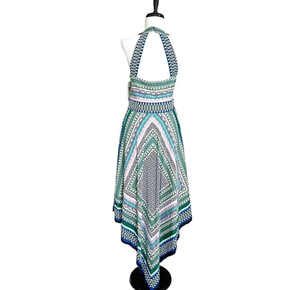 NWT Eliza J scarf Print Asymmetric Midi Dress size 8 Teal Vacation boho - Picture 3 of 15